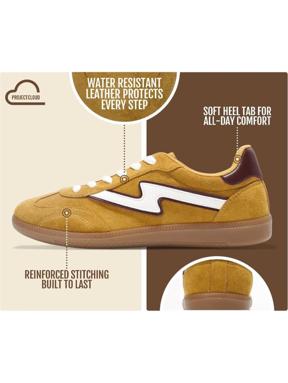 Project Cloud Women's Mustard Sneakers Plush & Soft Memory Foam Insole Lace Up - Picture 3 of 5